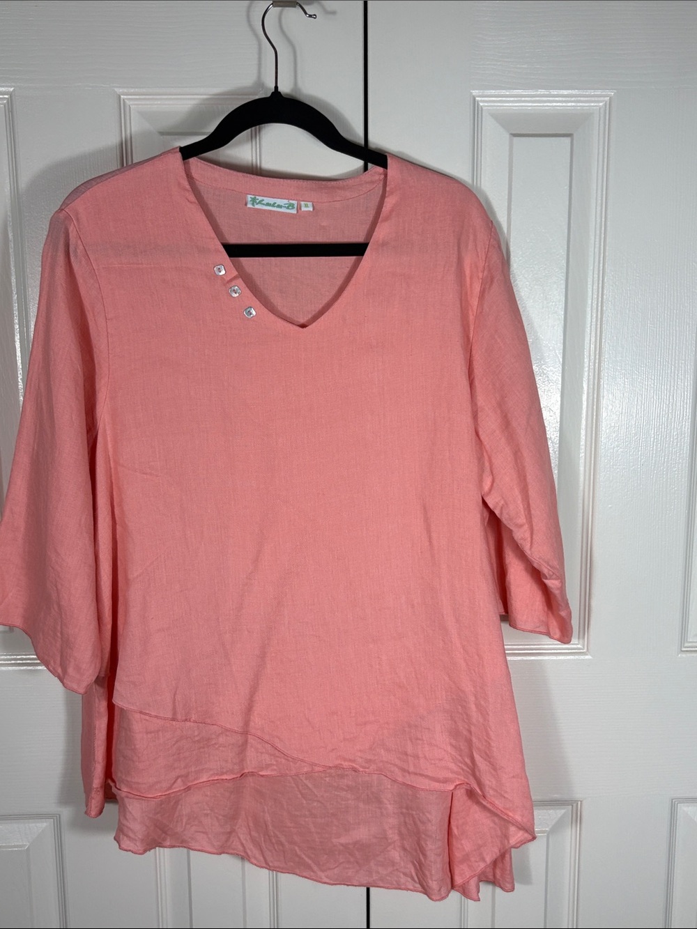 Lulu-B Coral Pink V-Neck Linen Tunic with Button Detail and asymmetrical hem XL